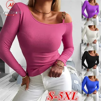 Sexy Femei Solide de Culoare T-Shirt pentru Femei Neregulate Guler Design de Lanț Decor Maneca Lunga Primavara Toamna Slim Pulovere Top