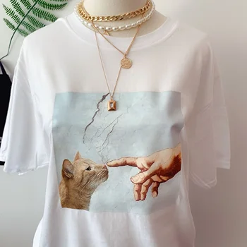 Sunfiz HJN Miau Miau Pisica Femei Cat Michelangelo Zei Atinge Funny T-Shirt Tumblr Stil Retro Drăguț Grafic Tee Iubitorii de Pisici