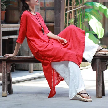 ORIGOODS stil Chinezesc Solid O-gât Rochie Lunga pentru Femei de Vintage Lenjerie de pat din Bumbac Rochie de Vara Alb Roșu de Purpură Femme Vestidos C174