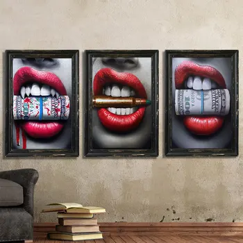 Sexy buze colorat musca dolar și glonț Panza Pictura Poster Acasă Decorare Arta de Perete Imaginile Pentru Camera de zi