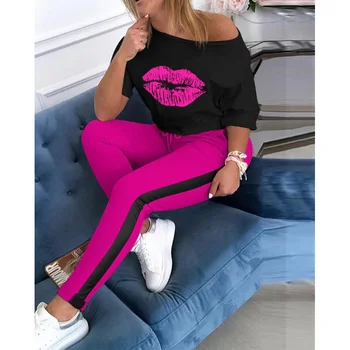 Femei elegante 2 bucata set Casual Trening Lip Print Cold Shoulder Top si Negre cu Dungi Pantaloni Seturi