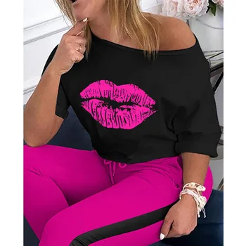 Femei elegante 2 bucata set Casual Trening Lip Print Cold Shoulder Top si Negre cu Dungi Pantaloni Seturi