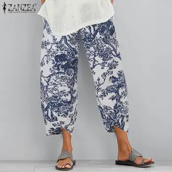 ZANZEA Femei Lenjerie de pat din Bumbac Pantaloni de Vară de Epocă Florale Imprimate Pantaloni Nap Casual, Talie Elastic Liber Pantalon Plus Dimensiune