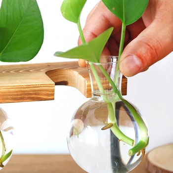 Pahar Sticla Vaza Hidroponice de Plante Vaza Transparenta Cadru de Lemn Magazin de Cafea Cameră Decor Masă de Birou Vaza Decor terariu