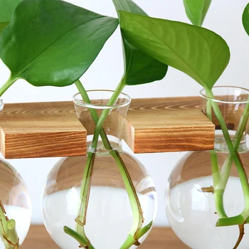 Pahar Sticla Vaza Hidroponice de Plante Vaza Transparenta Cadru de Lemn Magazin de Cafea Cameră Decor Masă de Birou Vaza Decor terariu