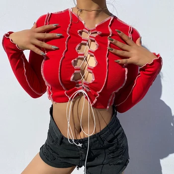 Gotic Sexy Gol Afară de Cruce Bandaj cu Nervuri Tricota Y2k Crop Top Femme pentru Femei T-Shirt Toamna 2020 Maneca Lunga Estetice Tricou