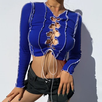 Gotic Sexy Gol Afară de Cruce Bandaj cu Nervuri Tricota Y2k Crop Top Femme pentru Femei T-Shirt Toamna 2020 Maneca Lunga Estetice Tricou