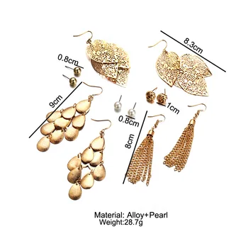 6 Perechi/Seturi De Culoare Aur Cercel De Gol Frunze Ciucure Lung Simulate Perla Cercei Stud Pentru Femei Link-Ul Lanț Tassel Bijuterii