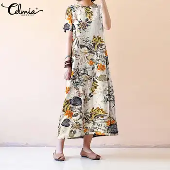 Celmia Femei Vintage Rochie De Bumbac De Vară Florale Imprimate Maneca Scurta, Midi, Rochii Largi Casual Vestidos De Modă Plus Dimensiune Halat 7