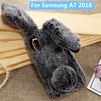 Iepuras de plus de Caz pentru Samsung Galaxy A7 2018 A750 Blana Moale 3D Drăguț Urechi de Iepure TPU Bling Diamant Pufos Telefon Acoperi Caz