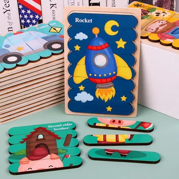 Copii Puzzle din Lemn Jucărie față-verso 3D Puzzle Creativ Benzi de Puzzle Educația Timpurie Montessori Cadou