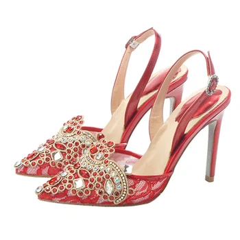 Aur roșu Elegant femeie pantofi de Lux Chic, Sclipici cristal 10cm Stilet Tocuri inalte Sexy Dantela Celebritate Petrecere de Nunta Pantofi de Mireasa