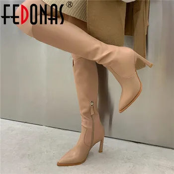 FEDONAS Elegant cu Fermoar Lateral Strâns Cizme Înalte din Piele Pantofi cu Tocuri de Femeie 2020 Nunta Toamna Bază Cizme Genunchi Ridicat