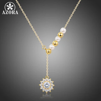 AZORA Rafinat de Aur de Culoare Margele Colier de Perle Cu Forma de Floarea-soarelui Pandantiv Clar Cubic Zircon Deschide Pentru Femei TN0255