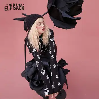 ELFSACK Harajuku Negru cu Print Floral Casual Slim T-Shirt Femei,2020 Toamna ELF Moda Complet Maneca Doamnelor coreeană de zi cu Zi Topuri