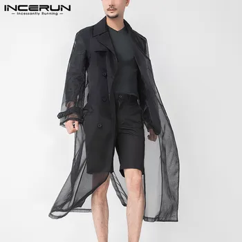 Moda Dublu Rânduri de Îmbrăcăminte Subțire Vedea Prin Streetwear Straturi INCERUN Mens ochiurilor de Plasă Trench cu Maneci Lungi Rever Jachete Lungi 5XL