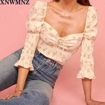 XNWMNZ za epocă falduri pătrat guler talie elastic bluza imprimeu femei blusas mujer de moda 2020 tricou femei topuri si bluze