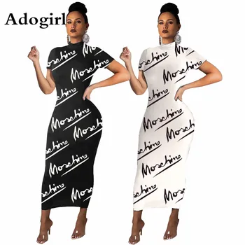 2020 Moda Scrisoare de Imprimare Maxi Rochie Lunga Maneca Scurta Negru Rochii Femei Sexy Partid Slab Bodycon Eleganta vestido