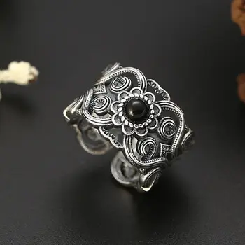 Original model gol deschide inel designer craft Negru Agat Piatră farmec elegant Thai argint bijuterii pentru femei