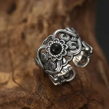Original model gol deschide inel designer craft Negru Agat Piatră farmec elegant Thai argint bijuterii pentru femei