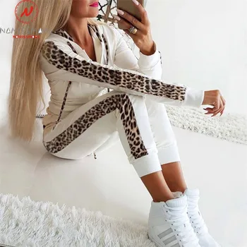 Femei Toamna 2 Bucată de Costume pentru Streetwear Leopard Design Mozaic Hanorace Decor Slim cu Fermoar de Sus+Elastic Talie Pantaloni de Creion