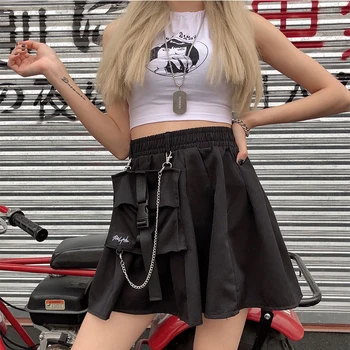 Buzunar mare Gri Femei a-line Fusta Streetwear Talie Mare Lanț Fusta Mini Punk, Hip-hop Harajuku Fuste Femei Fusta Scurta Casual