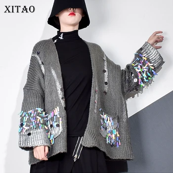 XITAO Casual Mozaic Paiete Pulover Femei 2020 Toamna Valul de Moda Stil Nou Deschis Cusatura Guler de Imprimare cu Dungi, Buzunar XJ4937