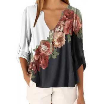 2020 Toamna anului Nou Tricou cu Maneci Lungi, Sexy V-neck Floral Print Topuri Bluza de Moda de sex Feminin Tricou Casual Vintage Sifon Tricouri Blusas