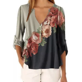 2020 Toamna anului Nou Tricou cu Maneci Lungi, Sexy V-neck Floral Print Topuri Bluza de Moda de sex Feminin Tricou Casual Vintage Sifon Tricouri Blusas