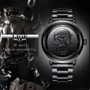 Bărbați Craniu 3D Ceas LIGE Brand de Top Cuarț Oțel Inoxidabil Watchs Oameni de Afaceri de Moda Impermeabil Creative Ceas Relogio masculino
