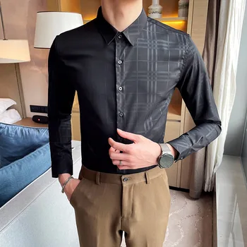 Stil britanic Primăvară Nouă 2021 Maneca Lunga Barbati Tricouri Rochie Carouri Simplu Slim Fit Afaceri Formale Purta Bluză Casual Homme 4XL-M