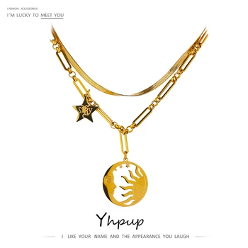 Yhpup Declarație Stele Luna Pandantiv Colier Otel Inoxidabil 316L Metal De 18 K Textura Lanț Cravată Colier de Aur Bijoux Femme