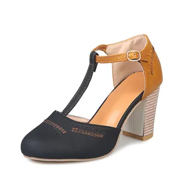 EOEODOIT Femei Pompe de Sandale de Vară de Înaltă Pătrat Tocuri Pantofi de Piele T Catarama Rotund Toe Sandale Retro Plus Dimensiune Toamna Tocuri de 8 CM