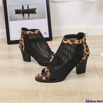 Femei Cizme Plasă De Piele De Căprioară Glezna Cizme Dantela Cizme De Vara Zapatos Încăltăminte Într-Femme Cu Fermoar Pătrat Cu Toc Leopard Pantofi Femei