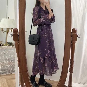 2019 Vară Șifon Florale Maxi Rochie V-gât Talie Mare Vintage Slim Toamna Eleganta pentru Femei Rochie Lunga Vestido Mujer Abito R57