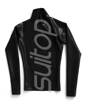 Casual latex moda T-shirt de Cauciuc Tee mâneci lungi de sus în negru cu fermoar