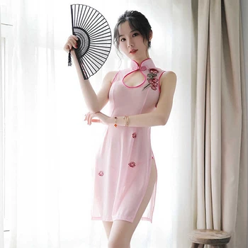 Sexy Cheongsam Chineză Somn Purta Vedea-deși Rochie de Seara Broderie cămașă de noapte Porno Lenjerie Rochie de Miere Roz Femei de Îmbrăcăminte