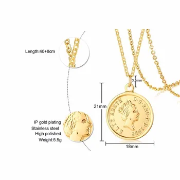 Vnox Britanic Regina Elisabeta a Monedei Coliere pentru Femei Ton de Aur din Oțel Inoxidabil Reglabil Lungime Colier Chic Dropship