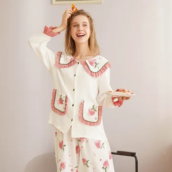 XIFER Primăvara și Toamna Modele Jucause Drăguț Piersic Tipărite Femei Pijama de Bumbac cu Strat Dublu de Bumbac Acasă Costum