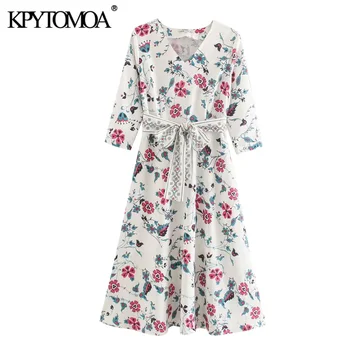 KPYTOMOA Femei 2020 Moda Elegant Florale de Imprimare Cu Centura Rochie Midi Vintage V-Neck Maneca Jumătate de sex Feminin Rochii Vestidos Mujer