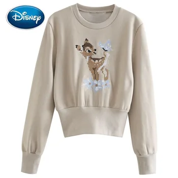 Disney Moda Cerb Bambi Înapoi Scrisoarea De Desene Animate De Imprimare Broderie O-Gât Pulover De Streetwear Femei Tricou Maneca Lunga Slim Topuri