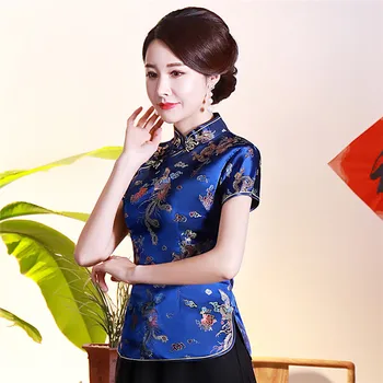 Vintage Slim Asiatice Femei Plus Dimensiune Bluza 3XL 4XL Cheong-sam Collor Topuri Tricouri Flori Elegant Oriental Spectacol de teatru de Îmbrăcăminte