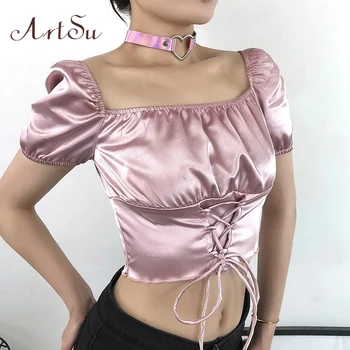 ArtSu Maneca Scurta din Satin Vintage Tricou Femei Dantelă Sus Backless Roz Crop Top tricou Elegant Tricou Femme Vara ASTS20932