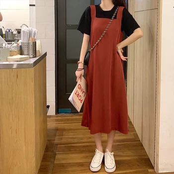 Femei rochie de Vara coreean Lung Liber Femei 2020 Nou fără Mâneci Mijlocul lunii Vițel Solid O Linie Casual Pătrat Guler Simplu All-meci