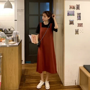Femei rochie de Vara coreean Lung Liber Femei 2020 Nou fără Mâneci Mijlocul lunii Vițel Solid O Linie Casual Pătrat Guler Simplu All-meci