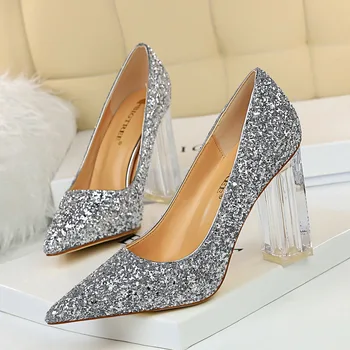 Aur Argint Bling de Mireasa pantofi de Nunta Femeie Clar Toc Gros de Moda Pompe cu Toc Înalt a Subliniat Toe Petrecere, pantofi