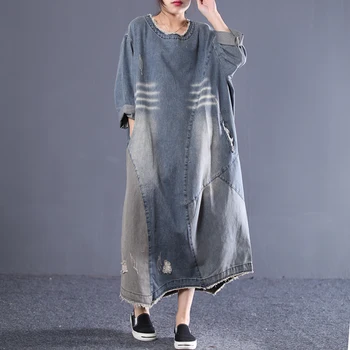 Nou-2019 feminin nouă primăvară plus dimensiune coreean literare retro spălat vechi prime cu mâneci lungi vrac rochie denim