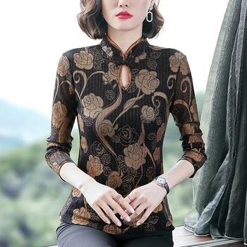 Noi 2020 Toamna Femei de Moda T-shirt cu Maneci Lungi Chineză di seyle Stand Guler Plasă de Topuri Plus Dimensiune Imprimare Blusas