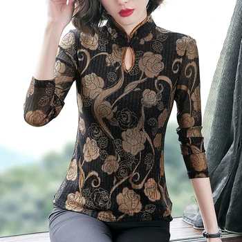 Noi 2020 Toamna Femei de Moda T-shirt cu Maneci Lungi Chineză di seyle Stand Guler Plasă de Topuri Plus Dimensiune Imprimare Blusas