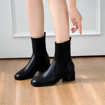 ANNYMOLI Med Toc Glezna Cizme pentru Femei Cizme Toc Indesata Pantofi Deget de la picior Pătrat Doamnelor Cizme Scurte de Toamna Iarna Negru Dimensiuni Mari 33-43